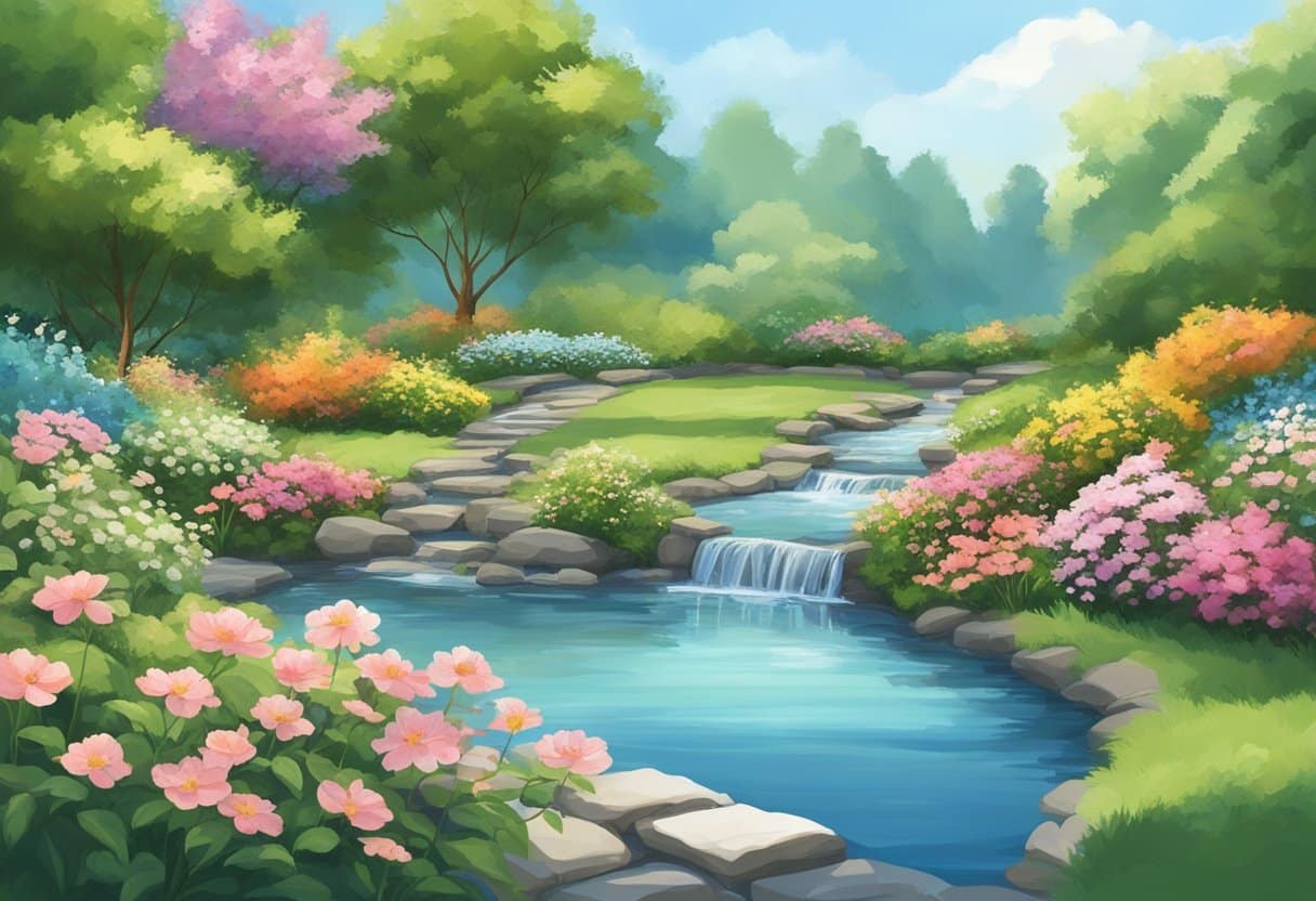 A serene garden with a flowing stream, surrounded by lush greenery and blooming flowers under a clear blue sky