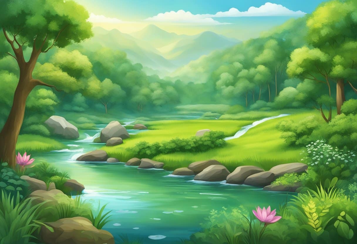 A lush, green landscape with clean air, flowing water, and diverse wildlife. The scene exudes harmony and balance, representing environmental wellness