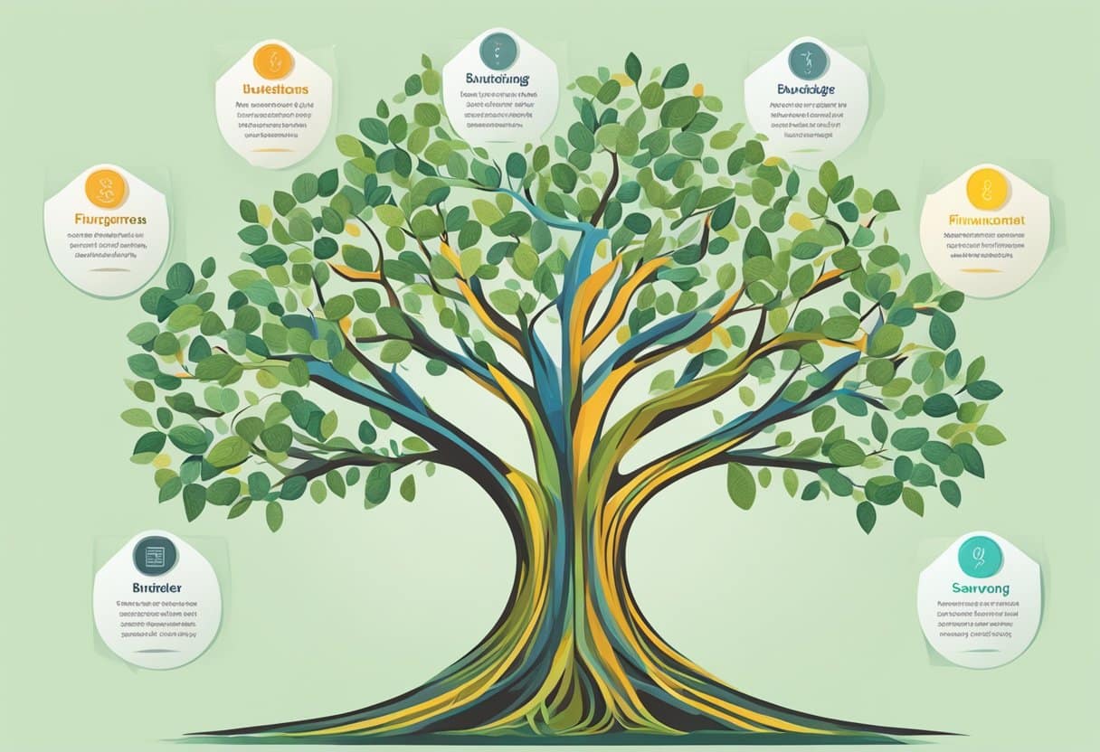 A tree with eight branches, each representing a different aspect of financial wellness, such as budgeting, saving, investing, and debt management