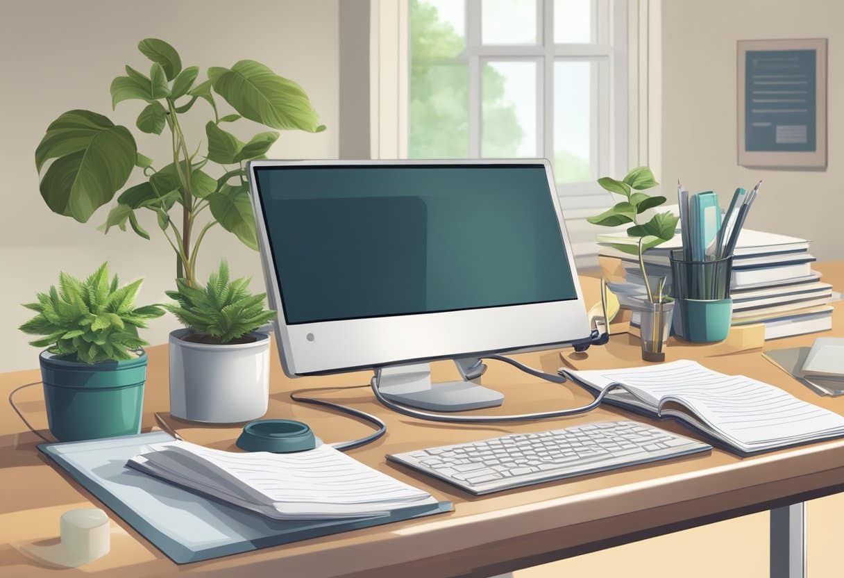 A desk with a computer, plant, and organized paperwork. A stethoscope and medical books are nearby. The setting is calm and professional