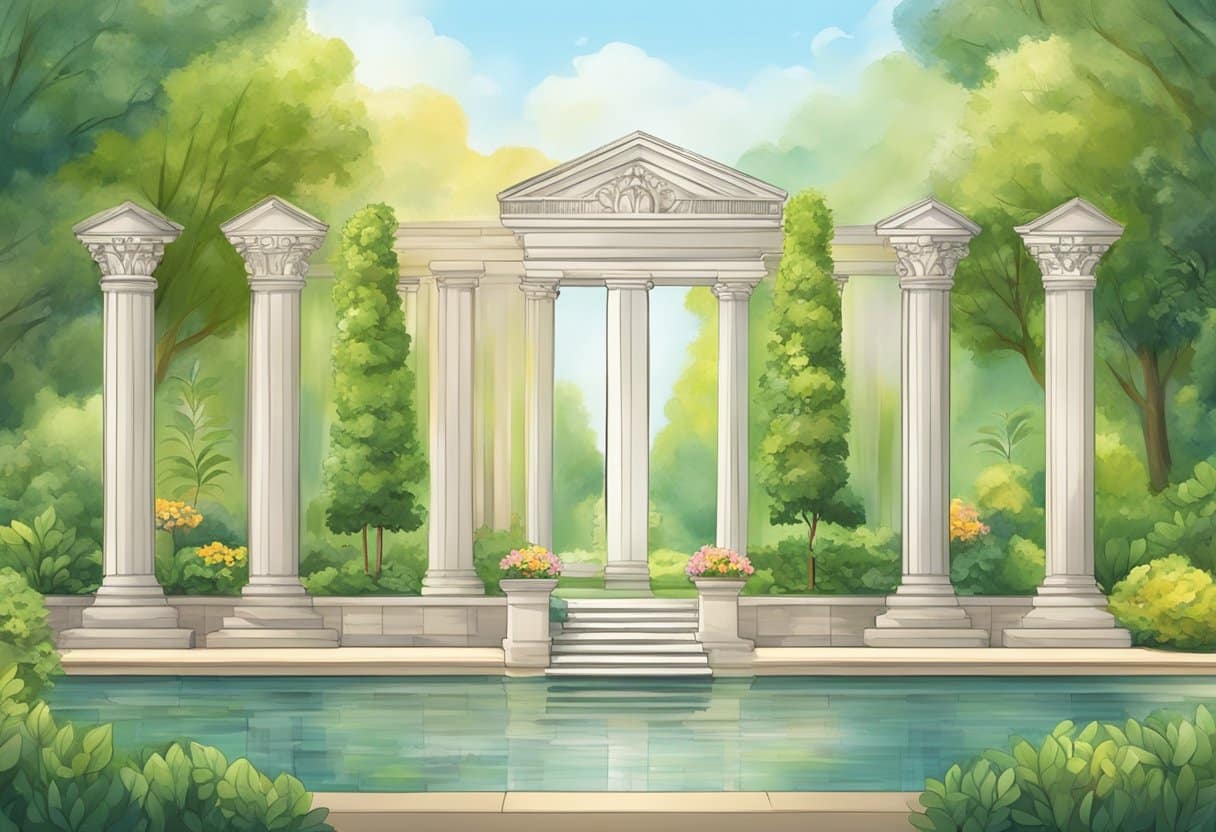 A serene garden with eight pillars representing different aspects of wellness: physical, emotional, social, environmental, occupational, financial, intellectual, and spiritual