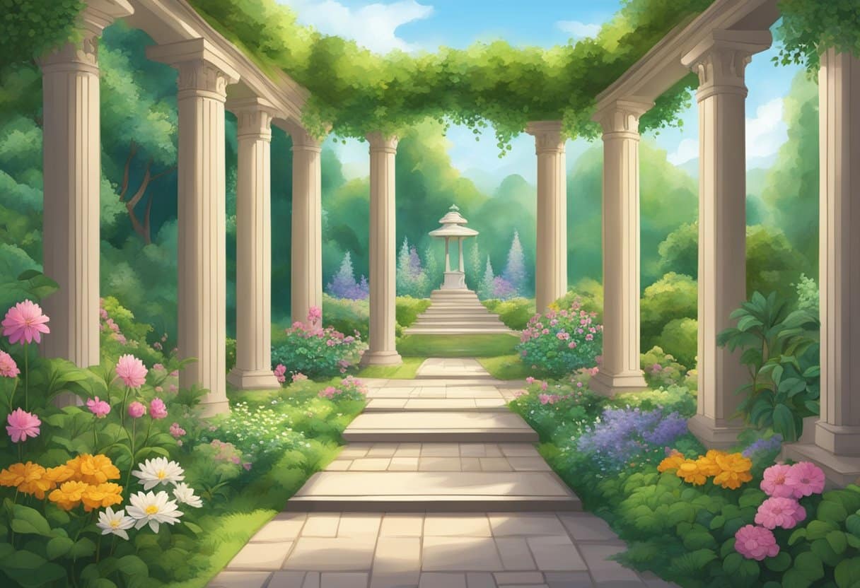 A serene garden with eight pillars representing different aspects of wellness, such as physical, emotional, and spiritual, surrounded by lush greenery and blooming flowers