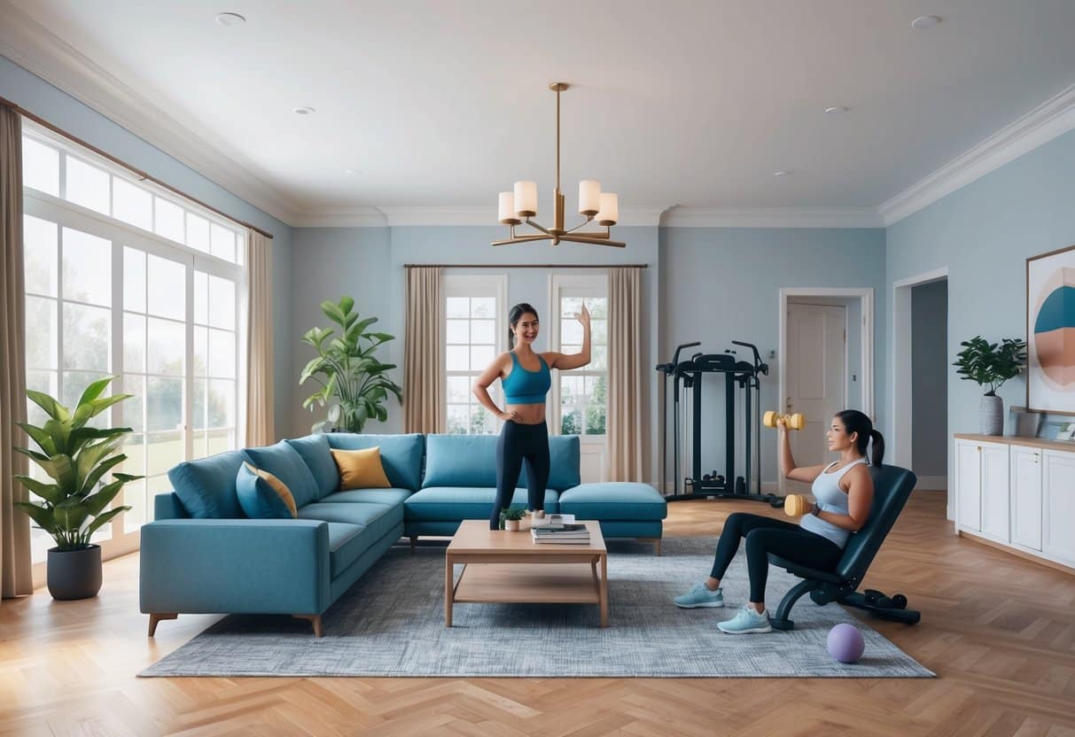 A spacious, well-lit living room with exercise equipment and a personal trainer guiding a client through a workout routine