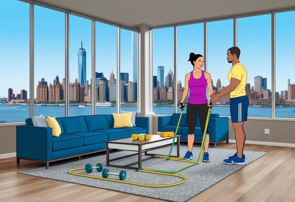 A spacious living room with a large window overlooking the Brooklyn skyline. A personal trainer guides a client through a workout using resistance bands and dumbbells