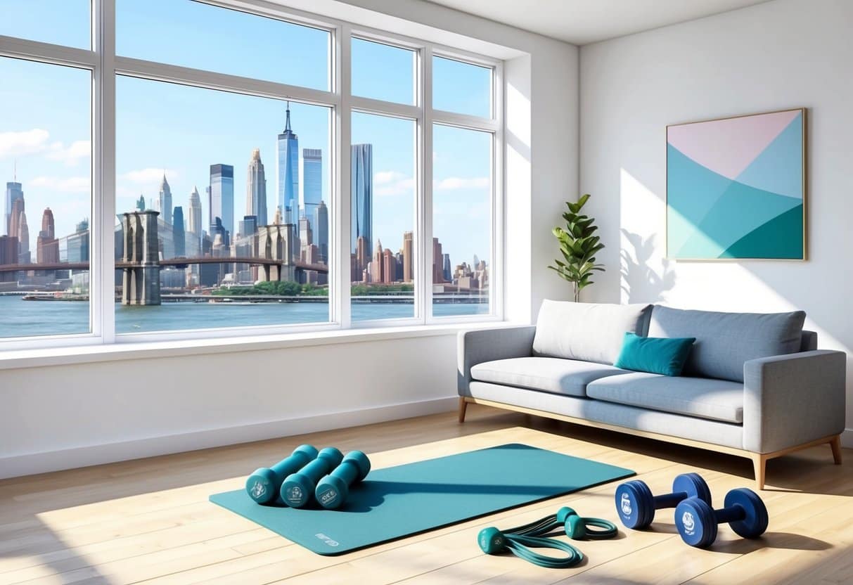 A bright, spacious living room with large windows overlooking the Brooklyn skyline. A yoga mat, dumbbells, and resistance bands are neatly arranged in the corner, ready for a personalized workout session