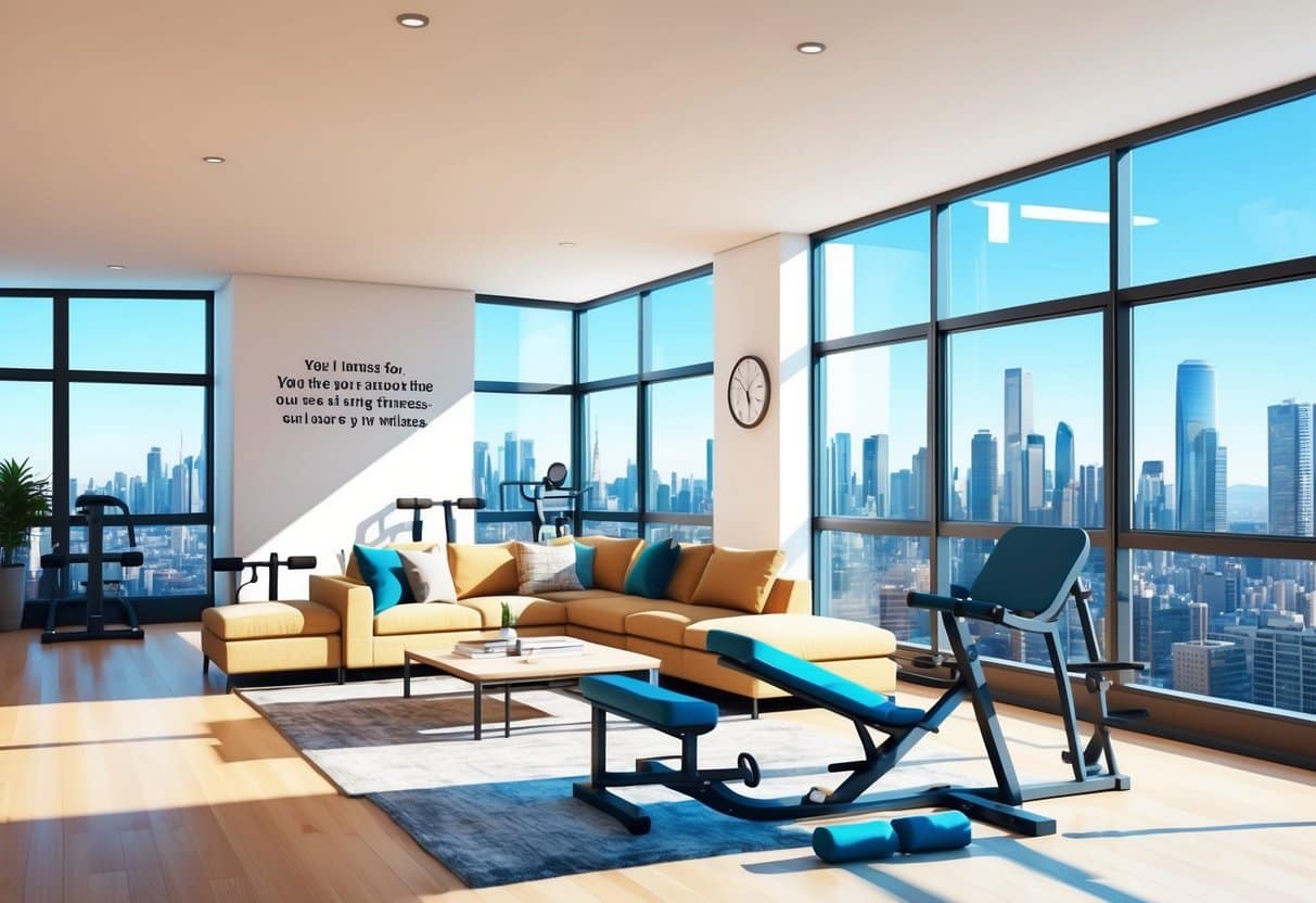 A bright, spacious living room with modern fitness equipment, large windows overlooking the city skyline, and a motivational quote on the wall