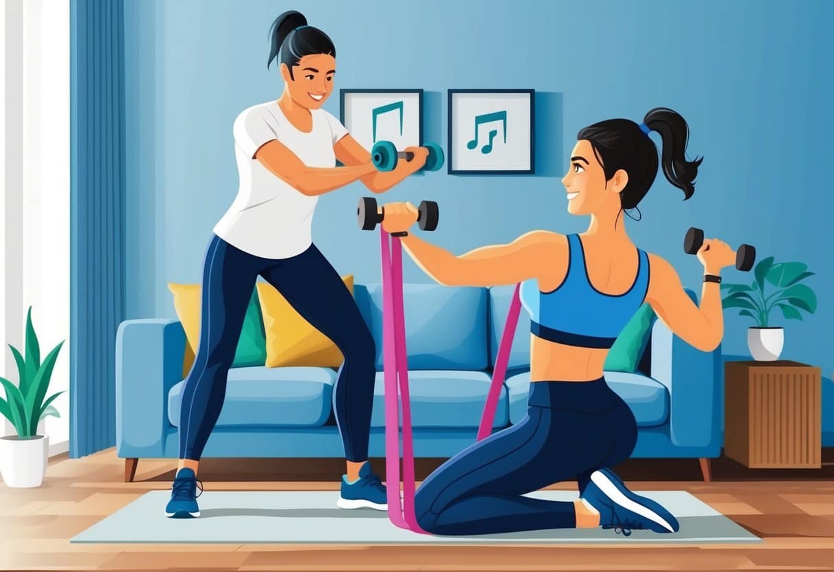 A person is working out in their living room with a personal trainer, using resistance bands and dumbbells. The trainer is guiding them through various exercises, while motivational music plays in the background