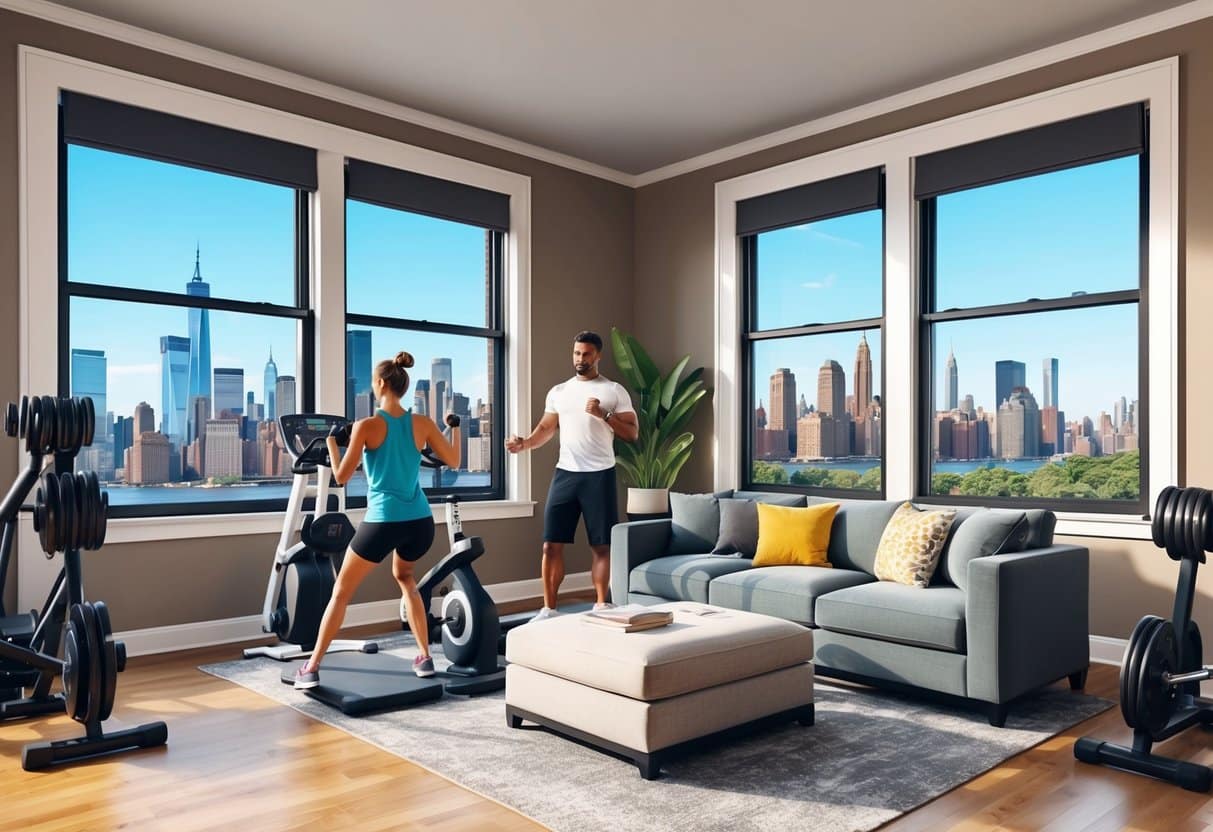 A person working out in a cozy living room with a personal trainer, surrounded by modern fitness equipment and large windows overlooking the Brooklyn skyline