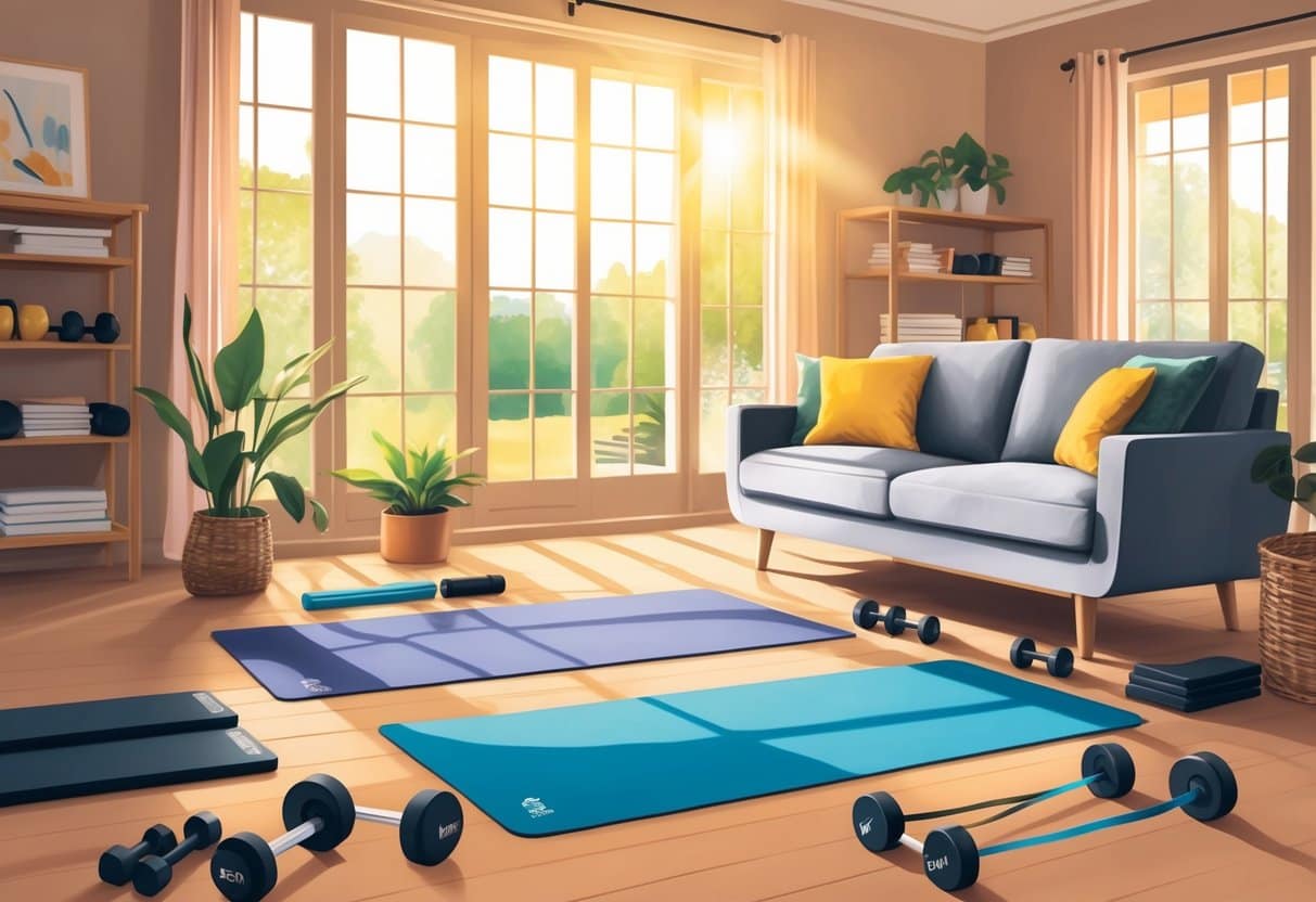 A cozy living room with yoga mats, free weights, and resistance bands neatly arranged. Sunlight streams in through large windows, casting a warm glow on the space