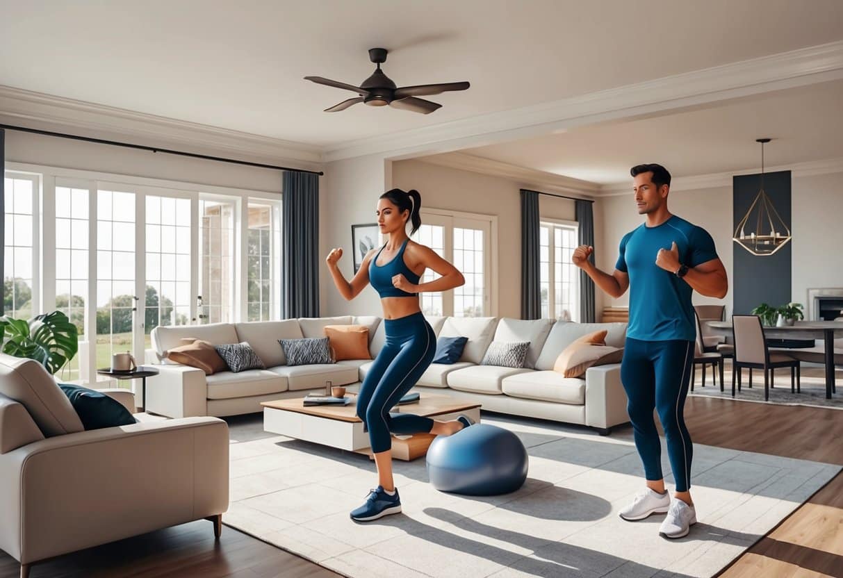 A person working out in a spacious, well-lit living room with a personal trainer guiding them through various exercises