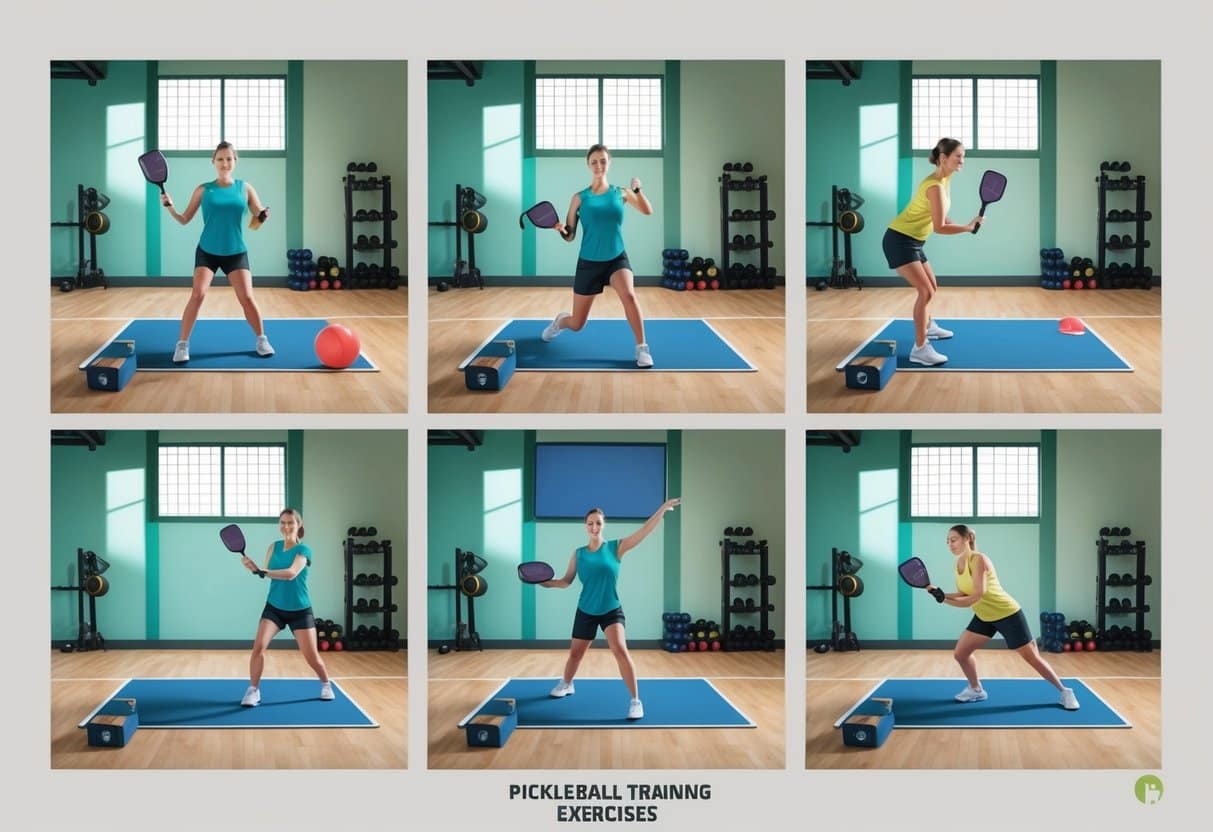 A set of pickleball strength training exercises being performed in a gym with various equipment and weights