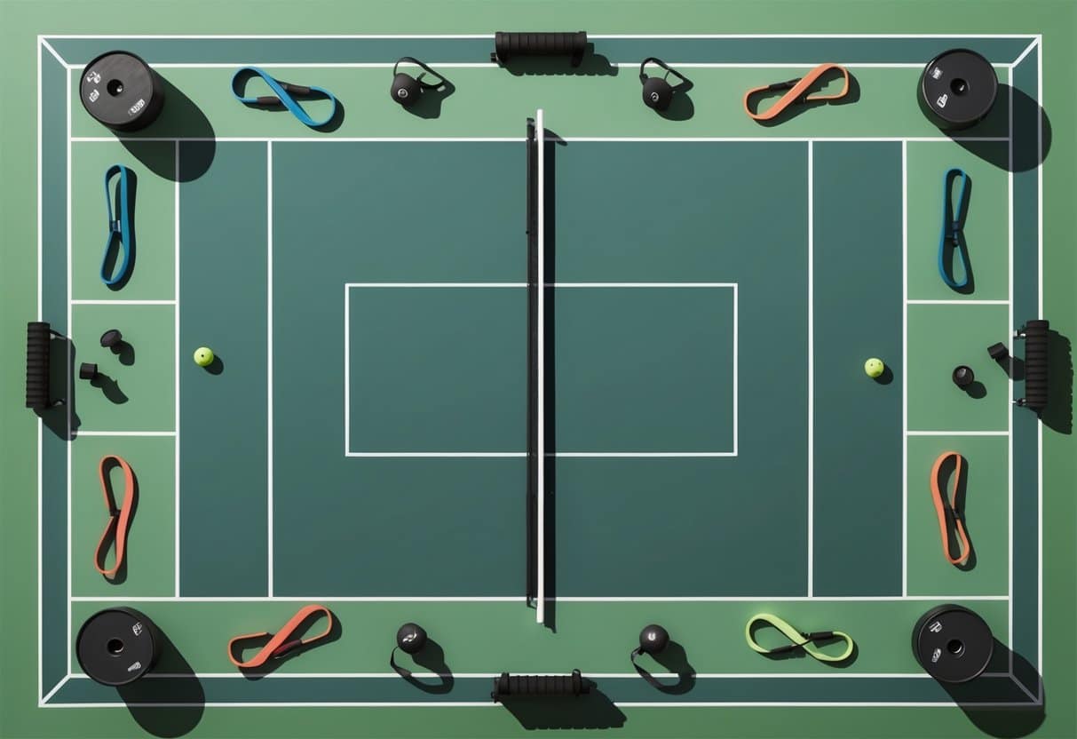A pickleball court with various strength training equipment scattered around, including dumbbells, resistance bands, and agility hurdles