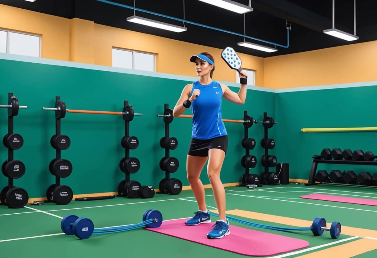 A pickleball player performing upper body workouts with dumbbells and resistance bands in a gym setting