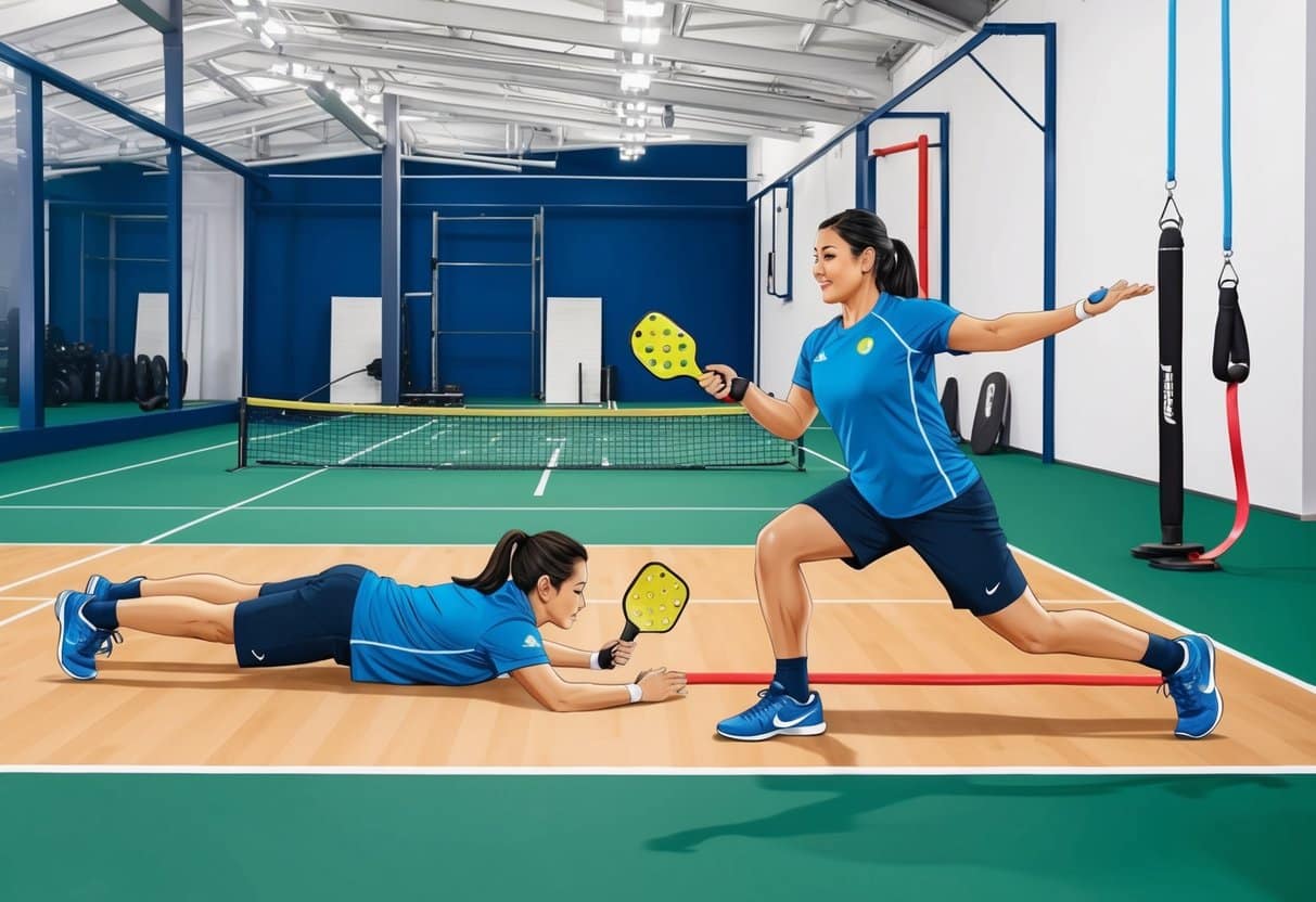 A pickleball player performing core and flexibility drills in a gym setting. Stretching, planking, and resistance band exercises are being demonstrated