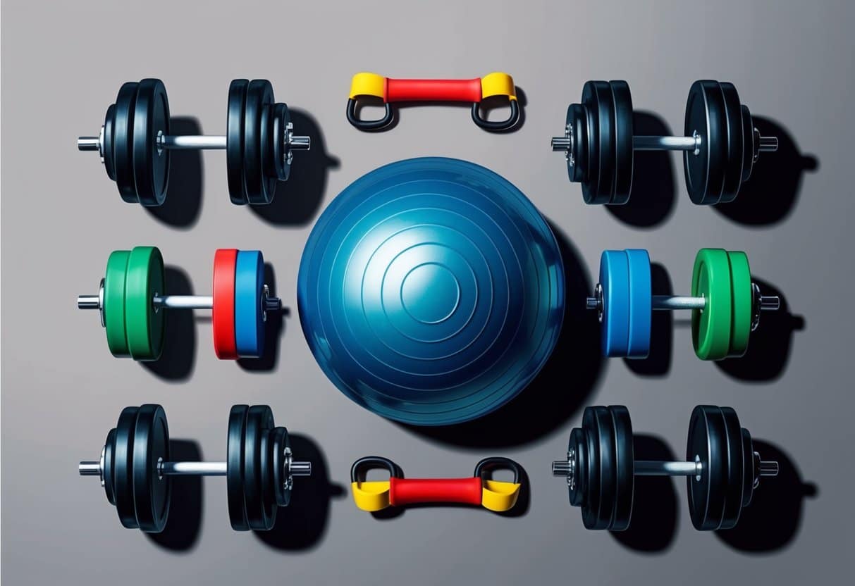 A set of weights, resistance bands, and a stability ball arranged in a gym setting for strength training exercises
