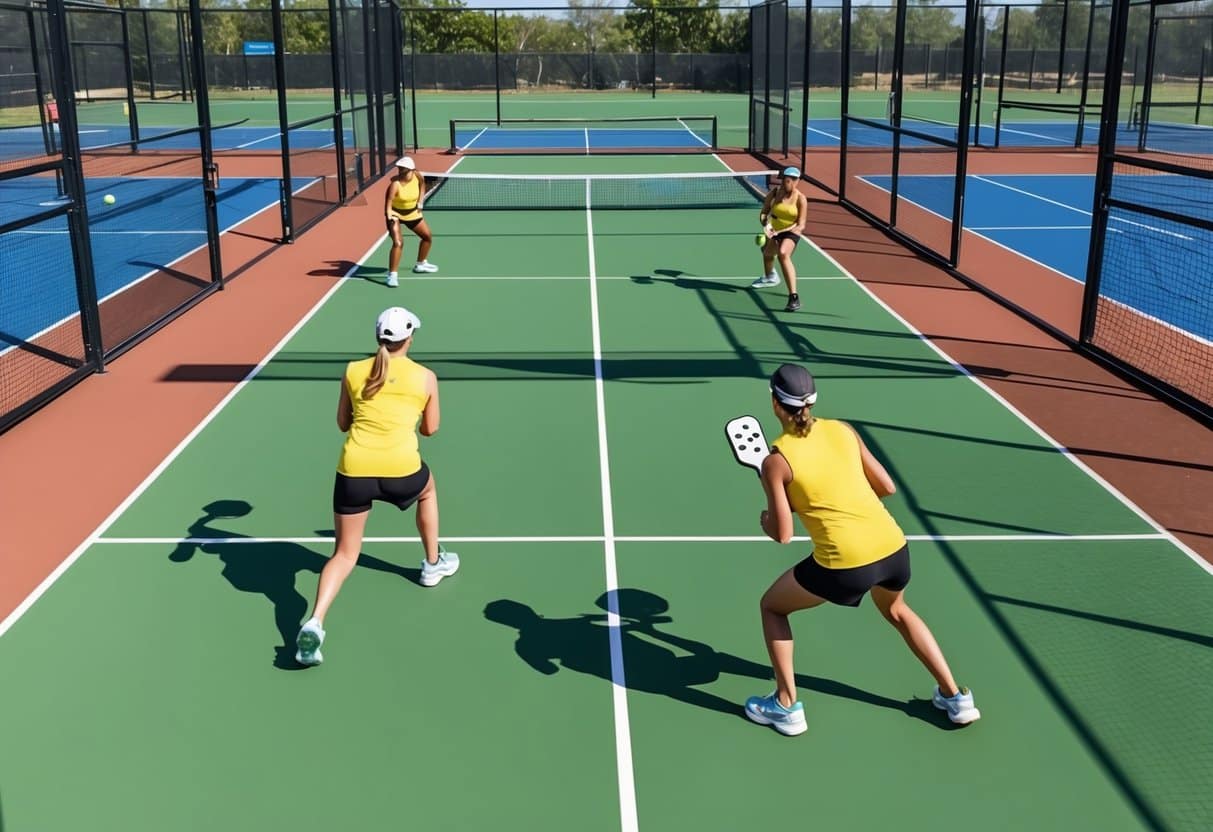 A pickleball court with players engaging in strength training exercises using sports-specific drills