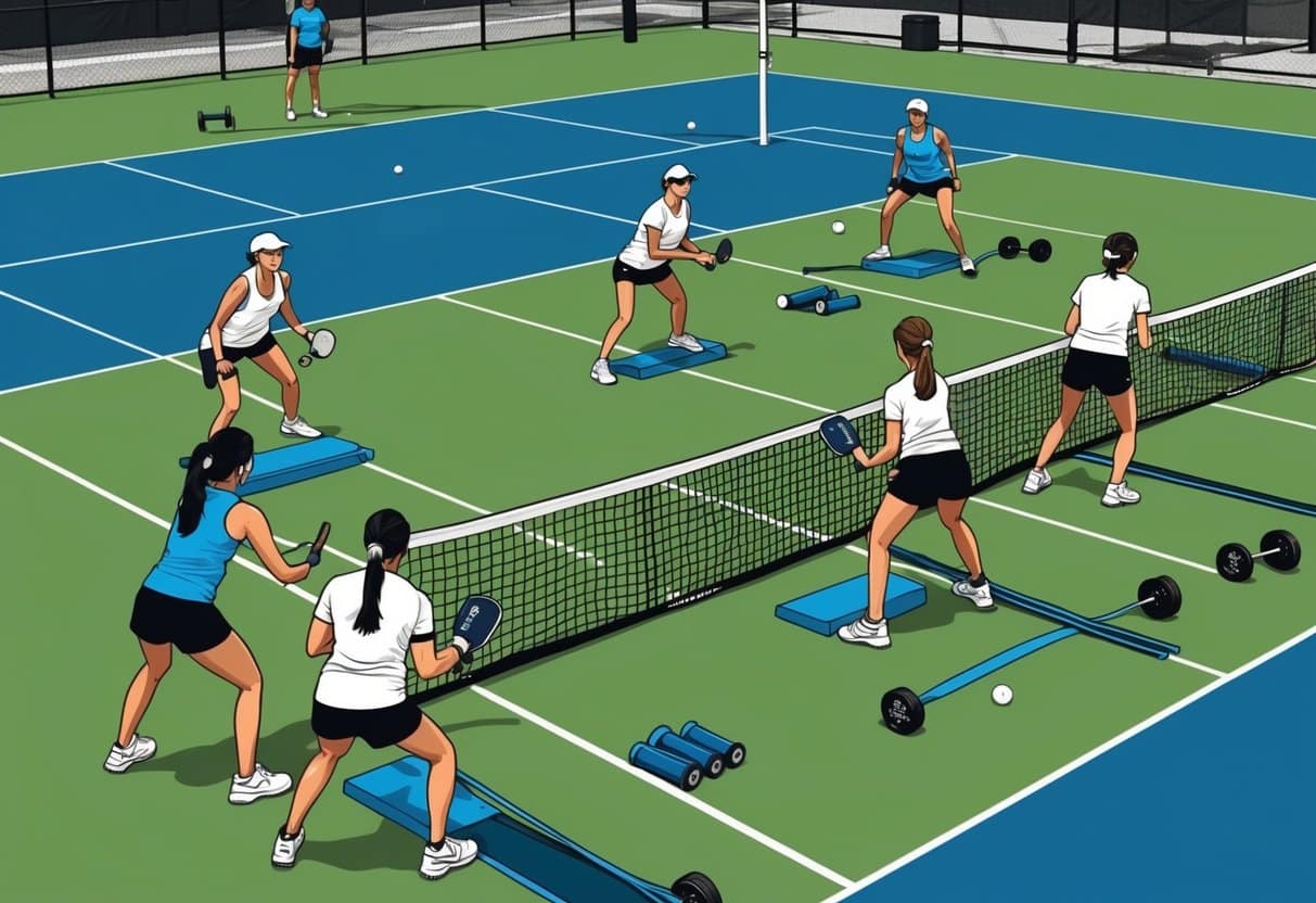 A group of pickleball players performing strength training exercises on a court with equipment such as resistance bands and dumbbells