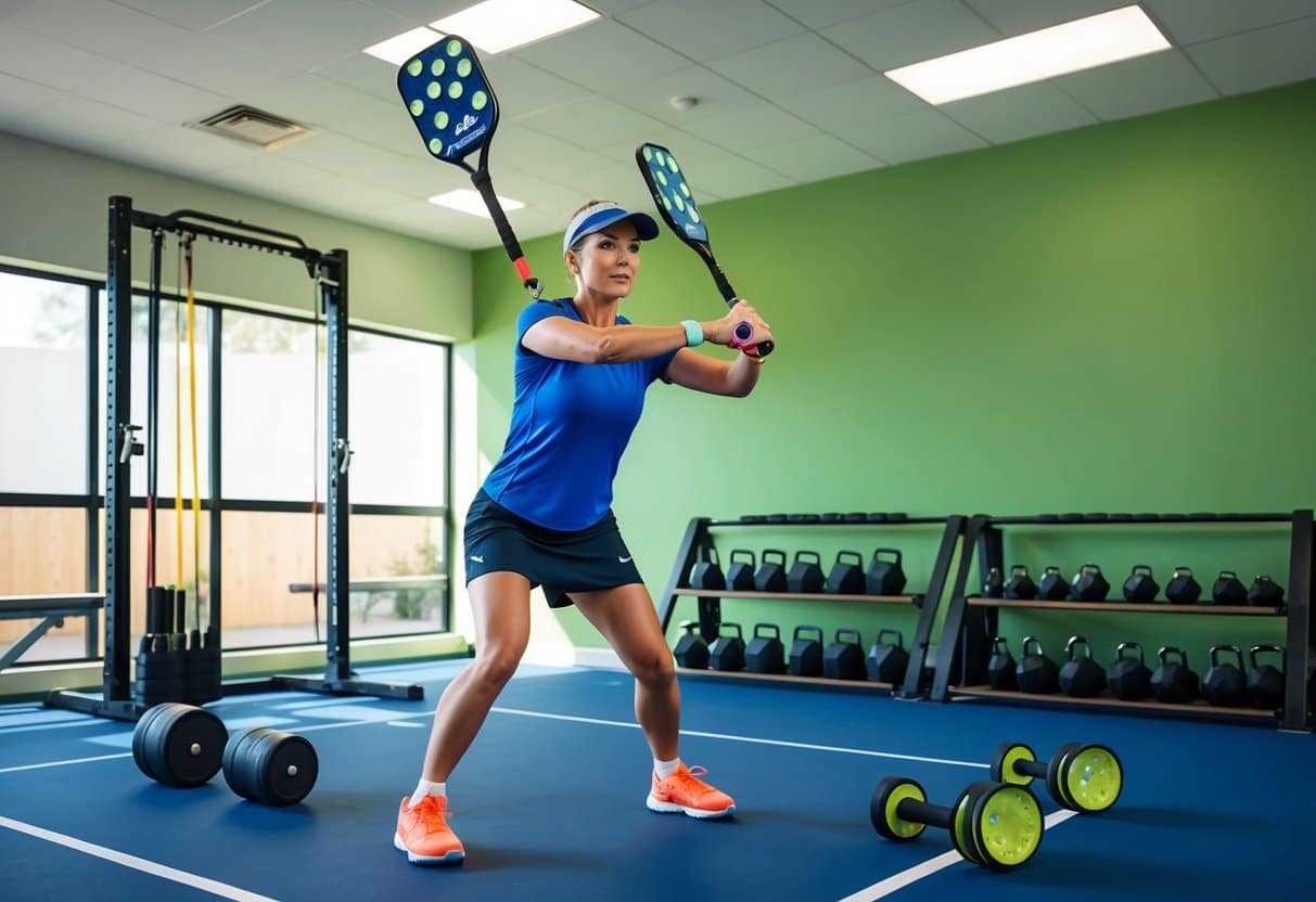 A pickleball player performing strength training exercises with weights and resistance bands in a well-lit gym setting