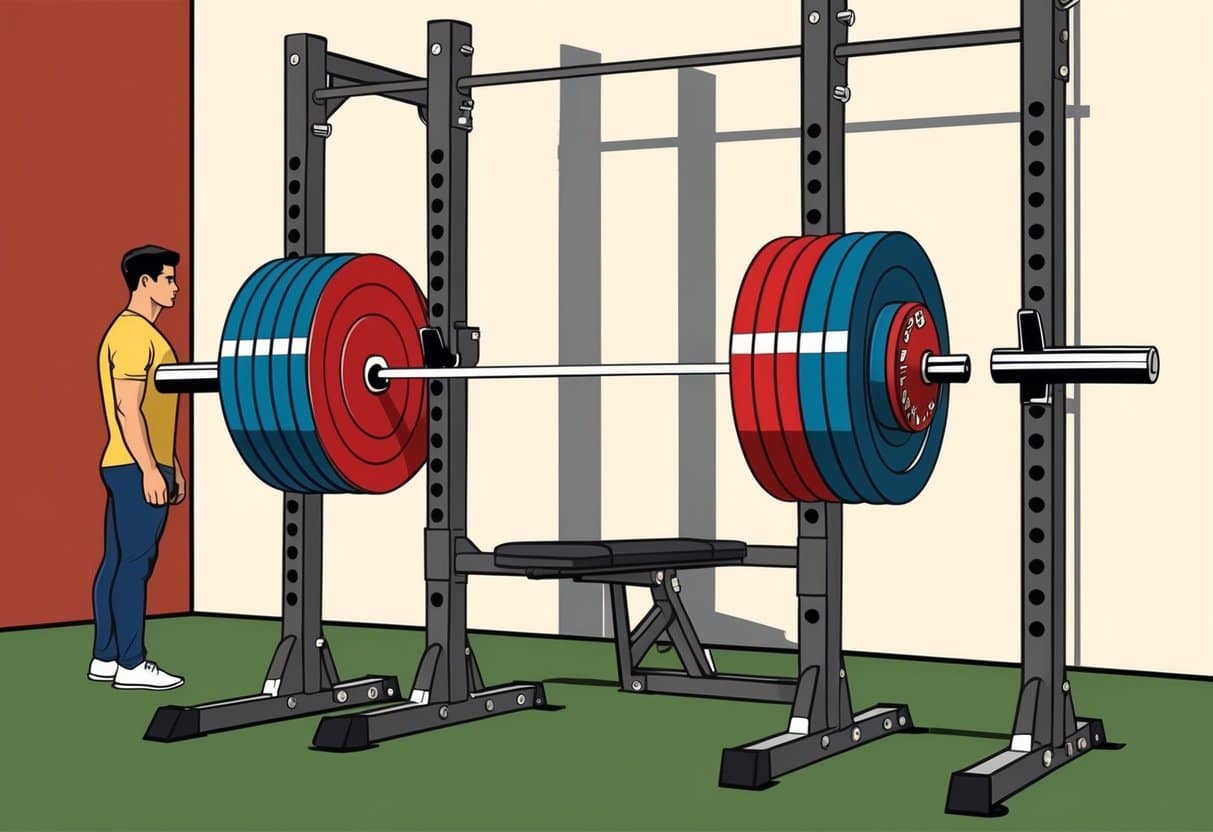 A weightlifting bar loaded with plates, set on a squat rack in a gym, with a person standing nearby