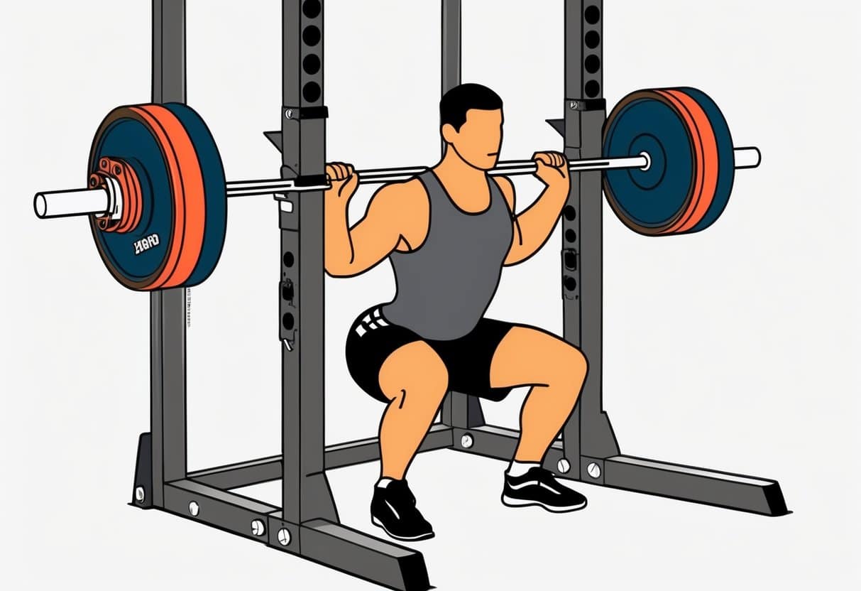 A weightlifting bar loaded with plates, set on a squat rack, with proper form demonstrated by a figure