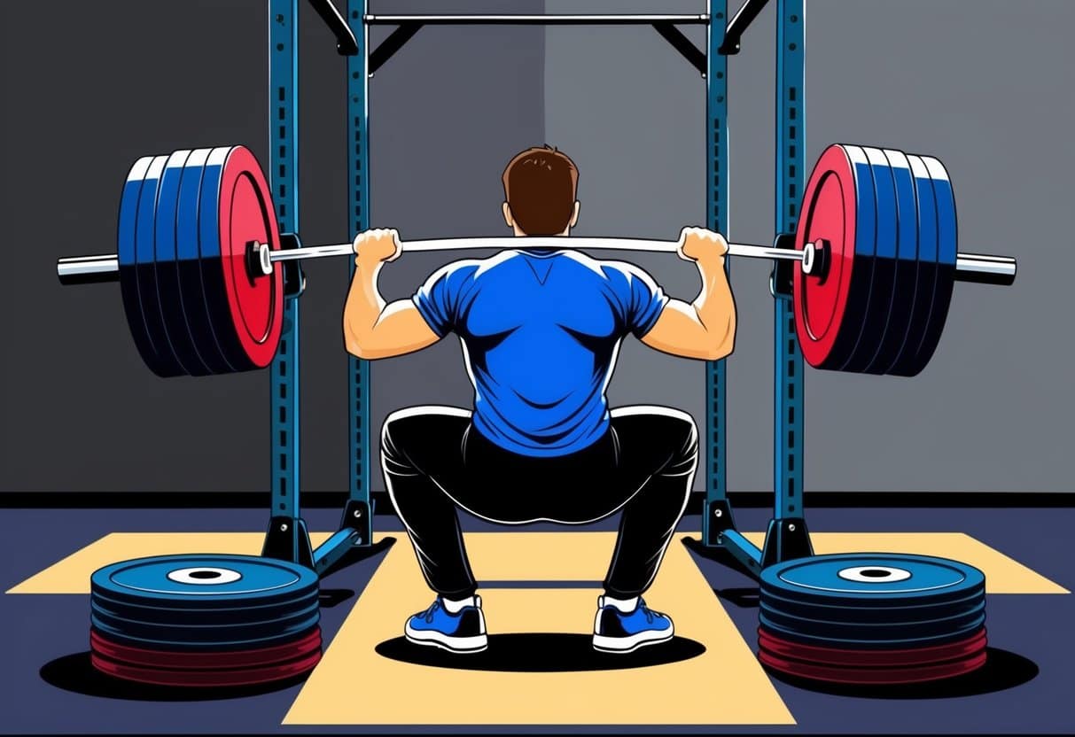 A person squatting with a loaded barbell on their shoulders, surrounded by weight plates and a squat rack in a gym setting