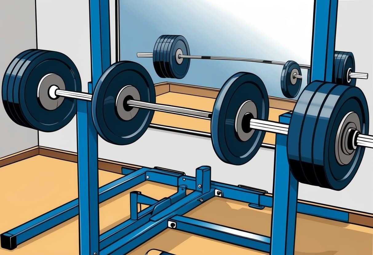 A weightlifting bar loaded with plates, positioned on a squat rack, with a mirror in the background reflecting the equipment