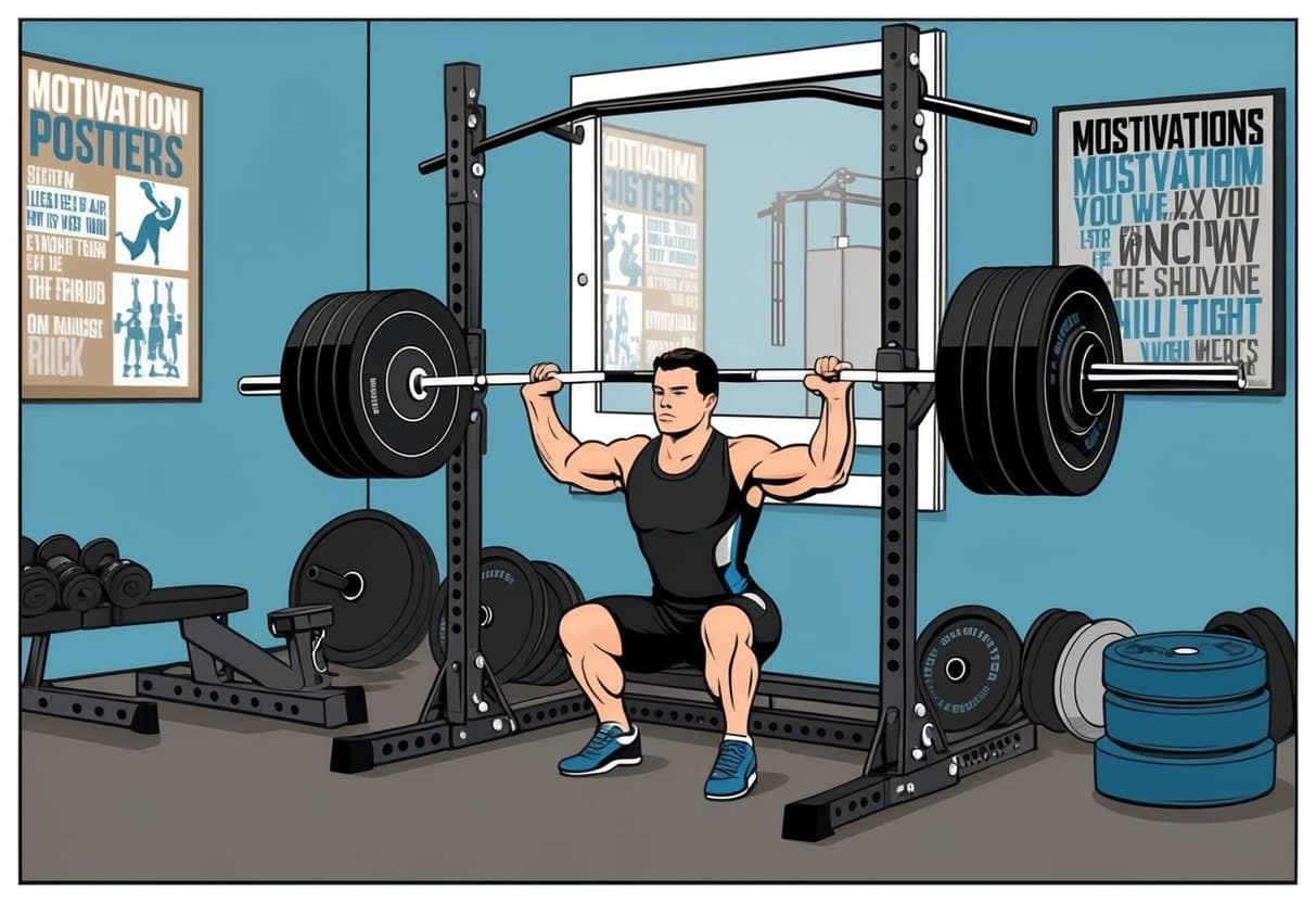 A weightlifting bar loaded with plates, positioned on a squat rack with a mirror in the background, surrounded by gym equipment and motivational posters