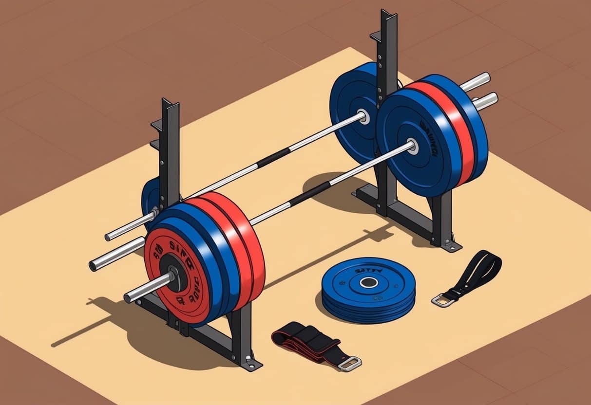 A weightlifting bar loaded with plates, squat rack, and lifting belt on the floor