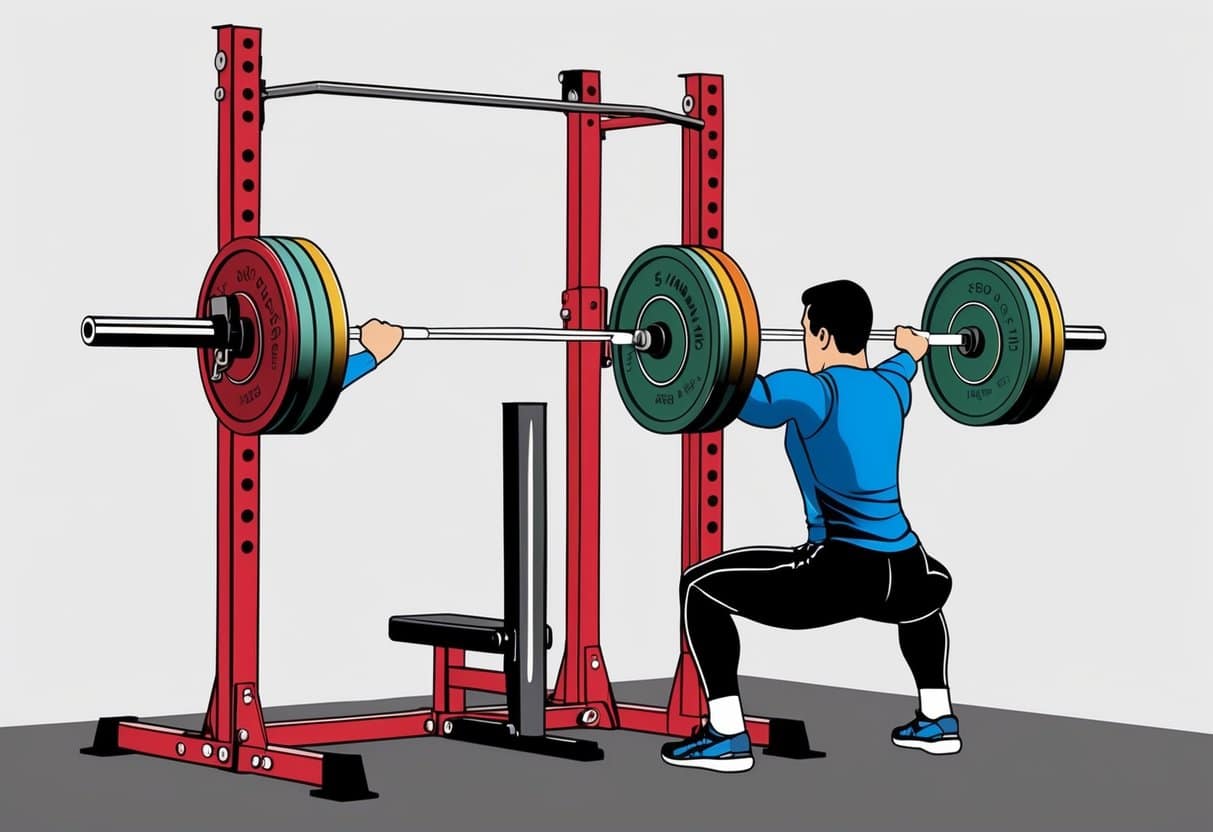 A weightlifting bar loaded with plates, a squat rack, and a lifter in position to perform a back squat
