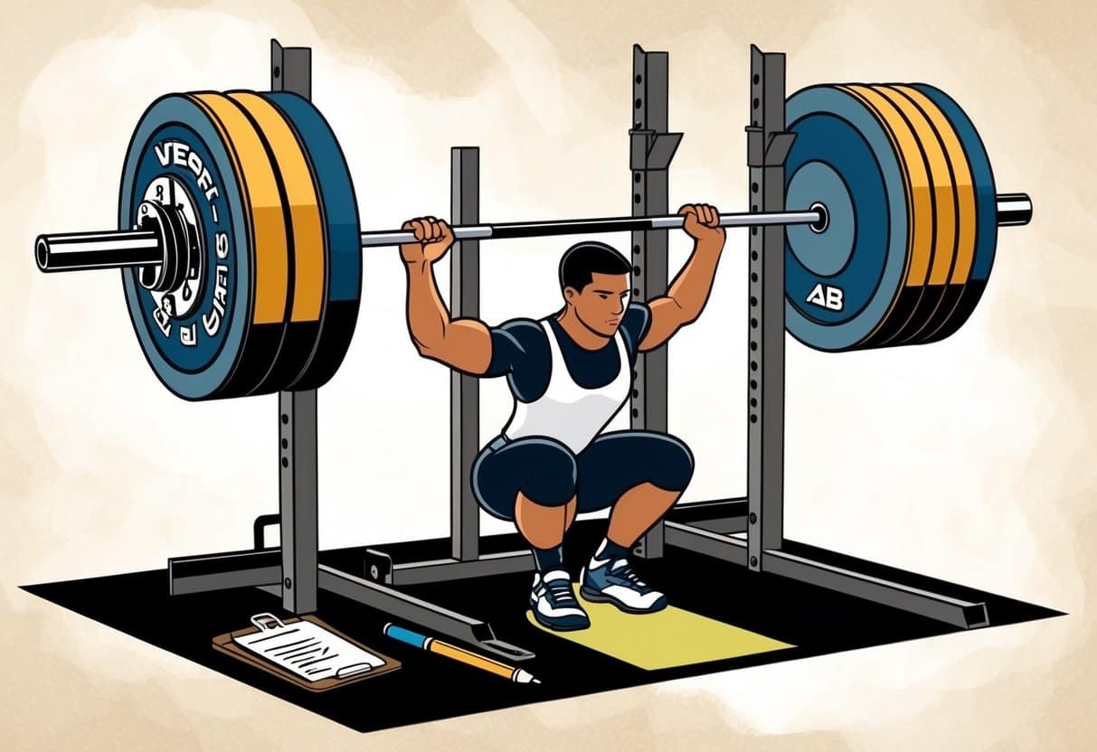 A weightlifting bar loaded with plates, set on a squat rack. A tape measure and clipboard with a pen nearby. A focused athlete preparing to lift