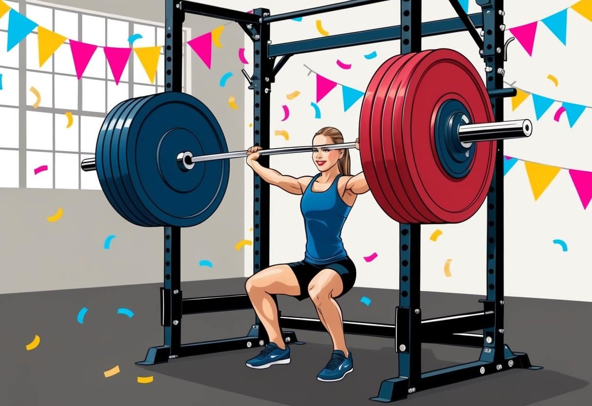 A weightlifting bar loaded with plates, set on a squat rack in a gym with celebratory banners and confetti in the background