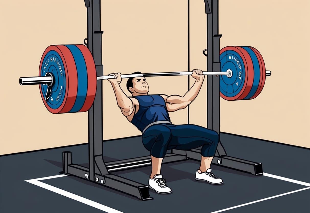 A weightlifting bar loaded with plates, positioned on a squat rack in a gym