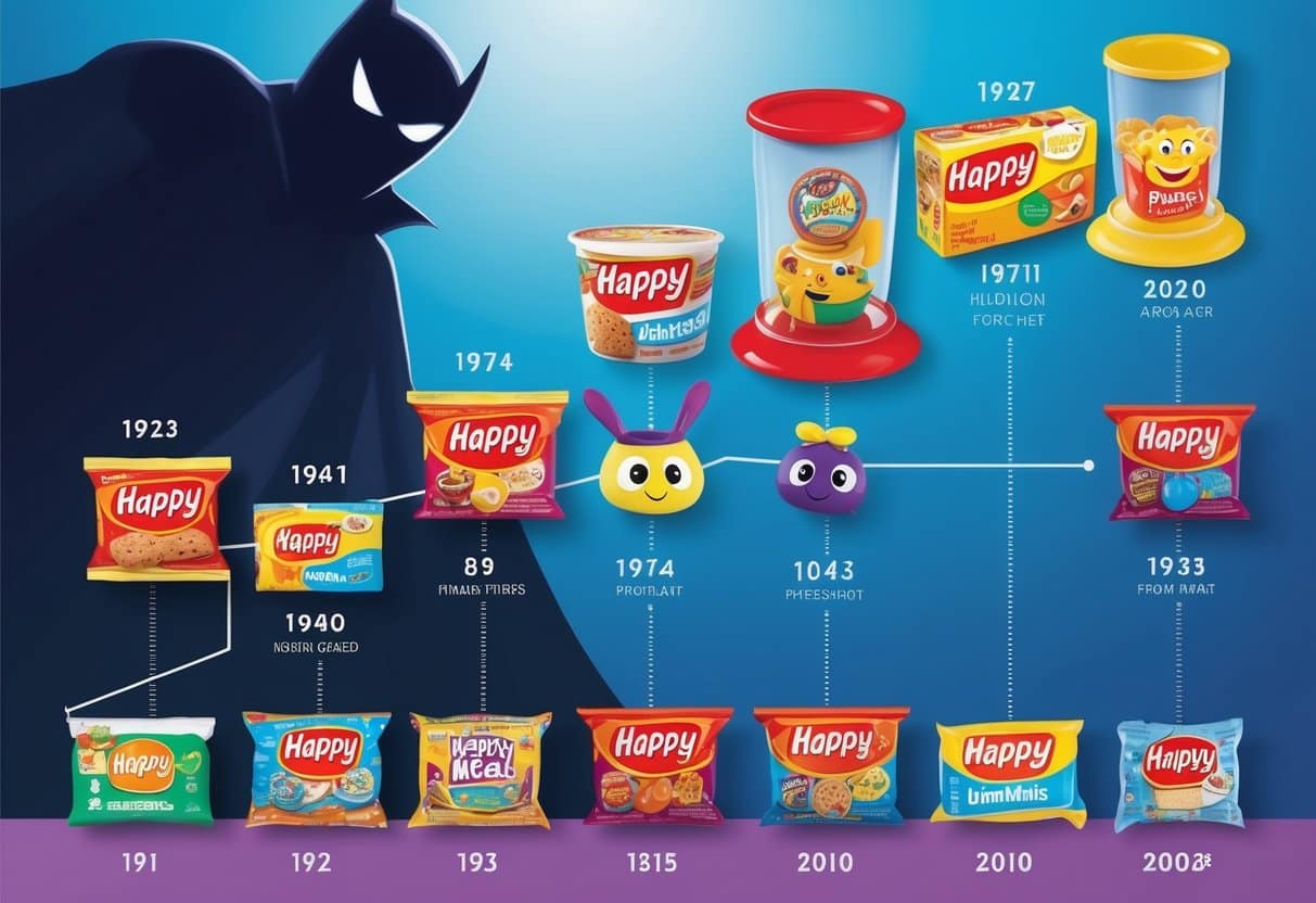 A timeline of Happy Meal toys from past to present, with a shadowy figure looming in the background