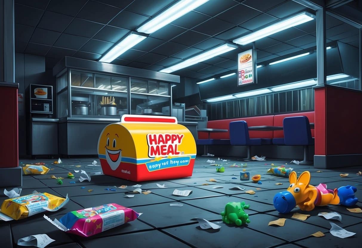 A dimly lit fast food restaurant with a colorful, enticing Happy Meal displayed under harsh fluorescent lighting. Empty wrappers and discarded toys litter the floor