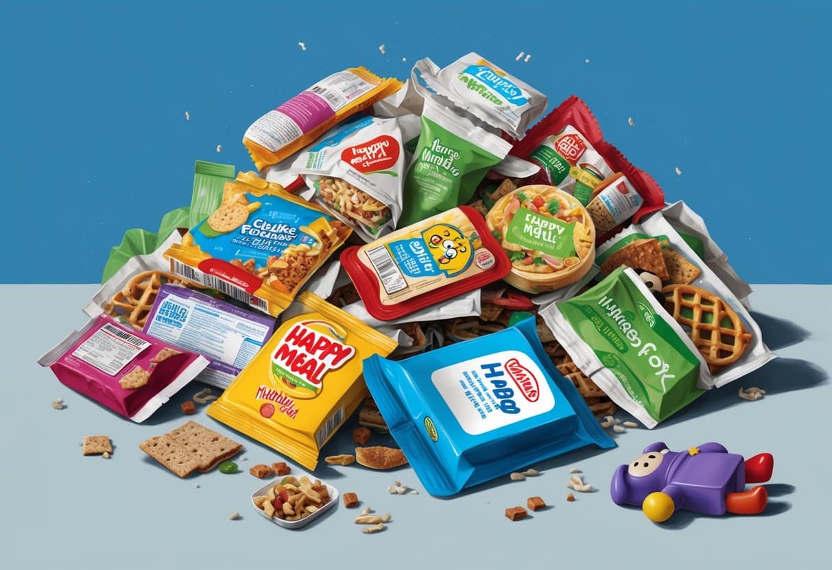 A pile of discarded Happy Meal packaging surrounded by unhealthy food items and a sad, neglected toy