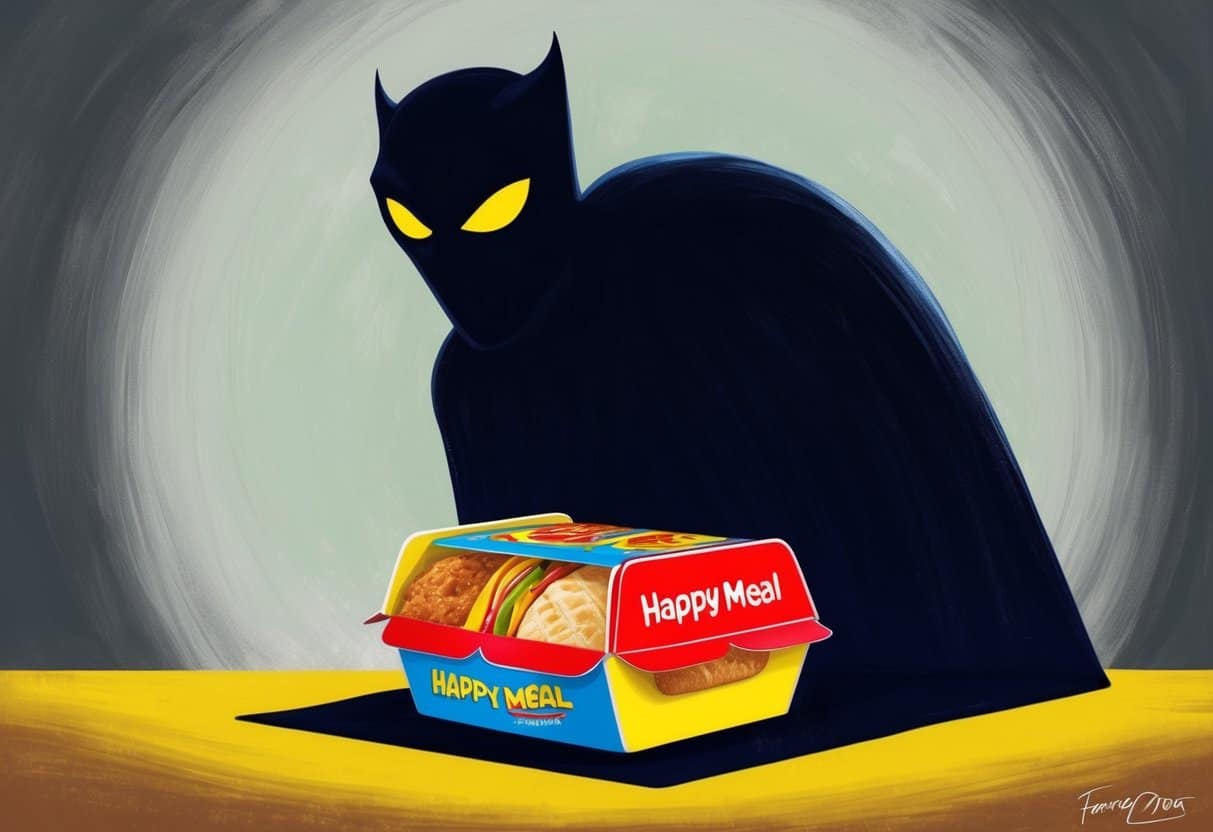 A sinister shadow looms over a colorful, enticing Happy Meal box, casting a foreboding tone over the familiar fast food packaging