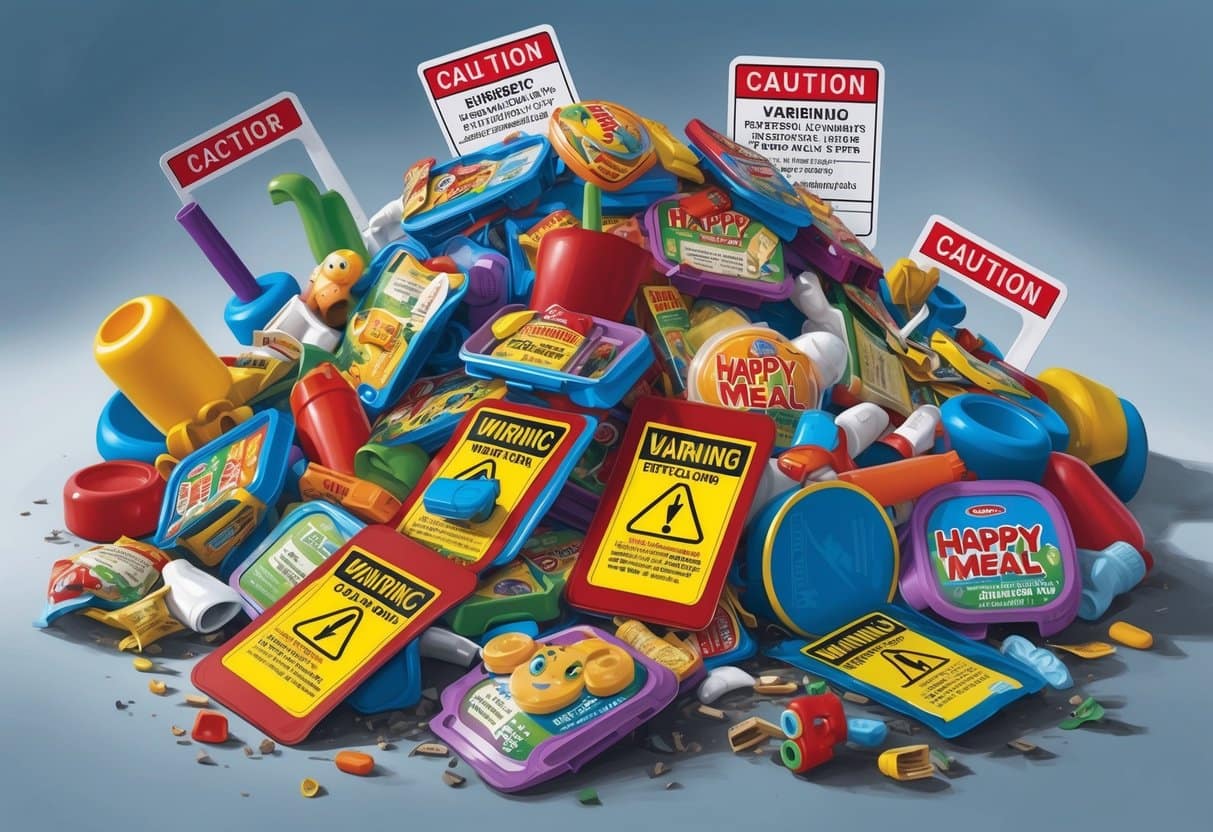 A pile of discarded Happy Meal toys and products, surrounded by warning labels and caution signs