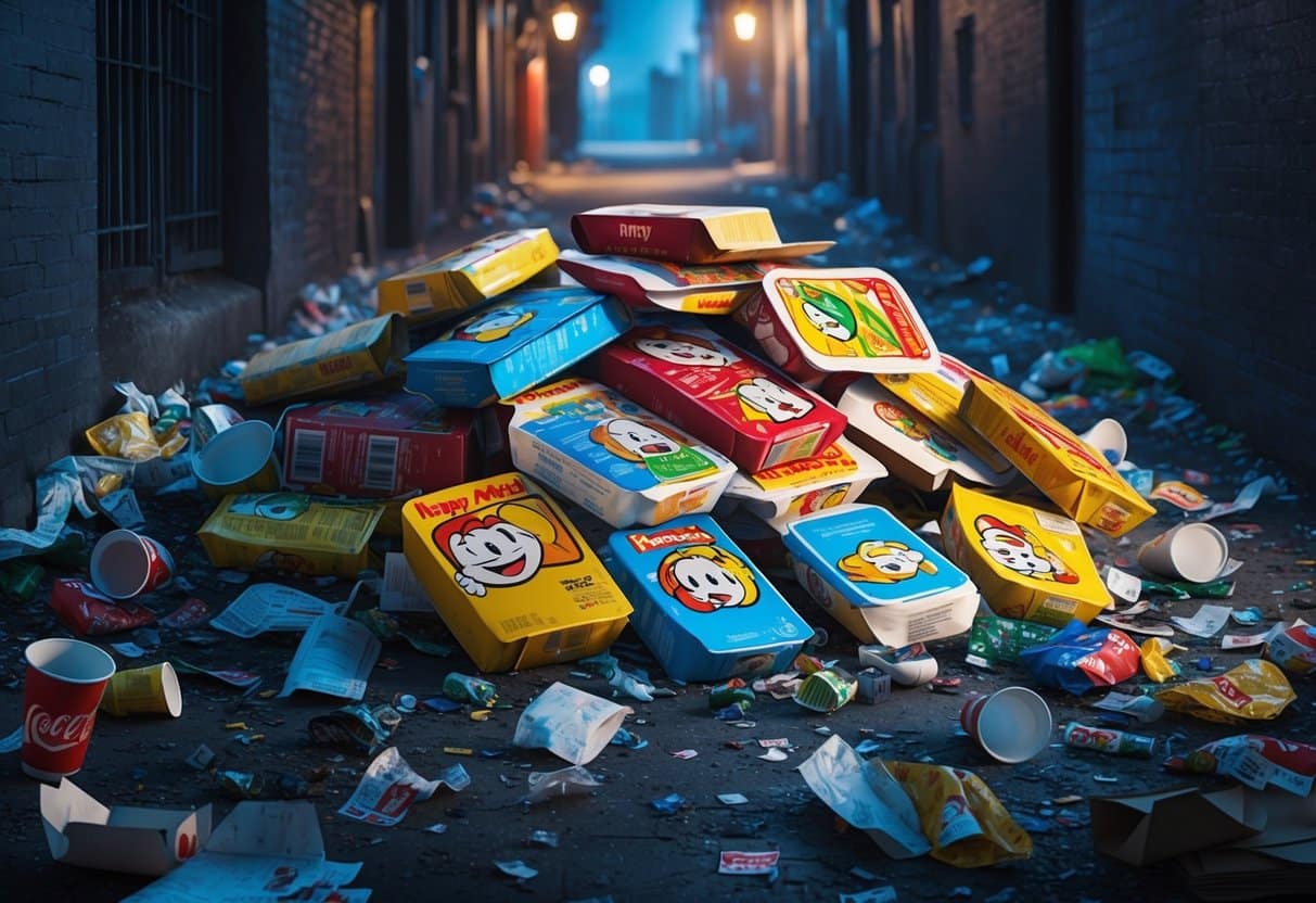 A pile of discarded Happy Meal packaging surrounded by littered fast food wrappers and empty soda cups in a dimly lit alleyway