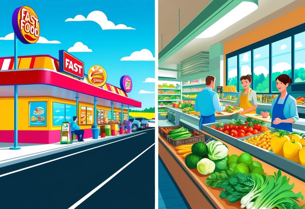 A vibrant, bustling fast food restaurant with colorful signs and a long drive-thru line, contrasted by a serene, organic grocery store with fresh produce and health-conscious customers