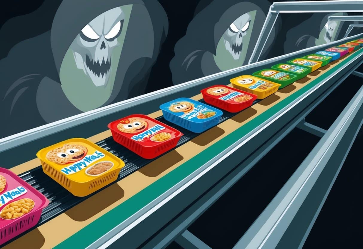 A factory conveyor belt churns out colorful, packaged Happy Meals while ominous shadows loom in the background