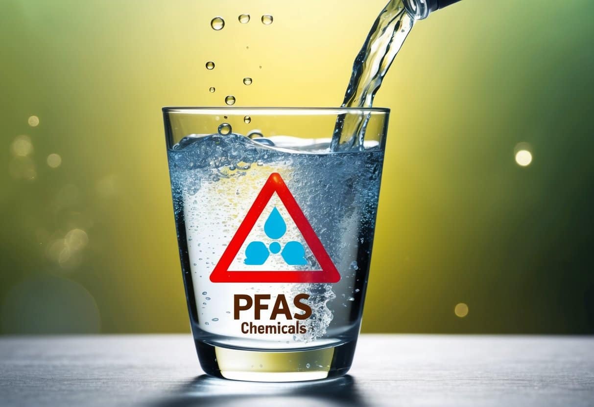 A glass of sparkling water with PFAS chemicals and a warning symbol