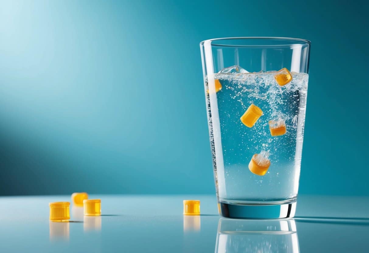 A glass of sparkling water with PFAS chemicals floating in it
