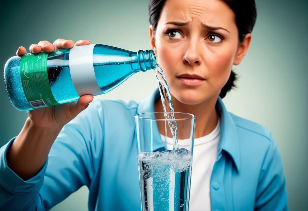 A person pouring a glass of sparkling water from a bottle, with a concerned expression on their face