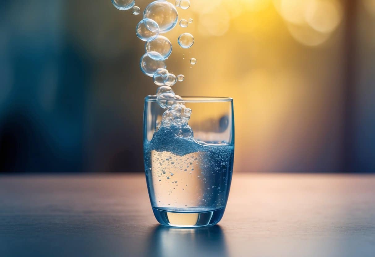 Bubbles rising in a glass of sparkling water with PFAS contamination