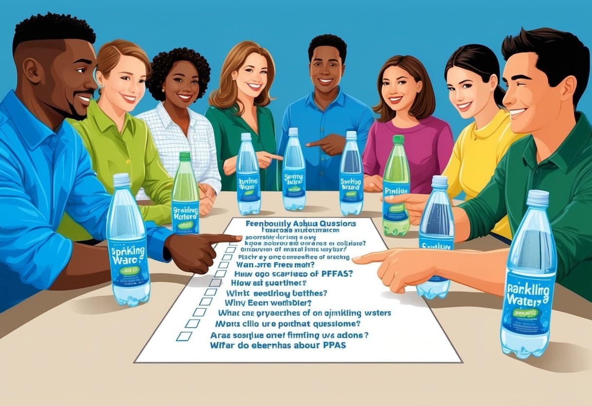 A group of people gathered around a table with various bottles of sparkling water, pointing to a list of frequently asked questions about PFAS