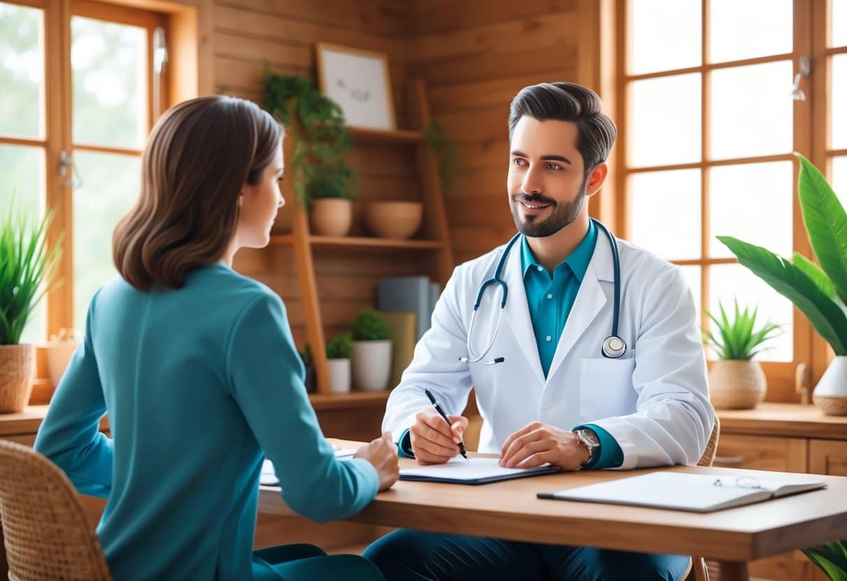 A naturopathic doctor sitting across from a patient, asking questions and taking notes in a cozy office with natural decor