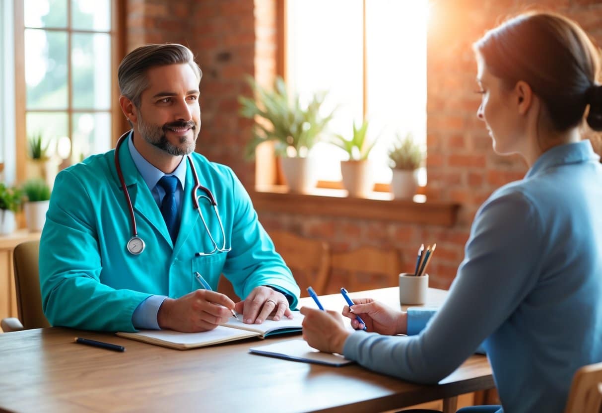A naturopathic doctor sitting across from a patient, asking questions while taking notes in a cozy, natural-lit office