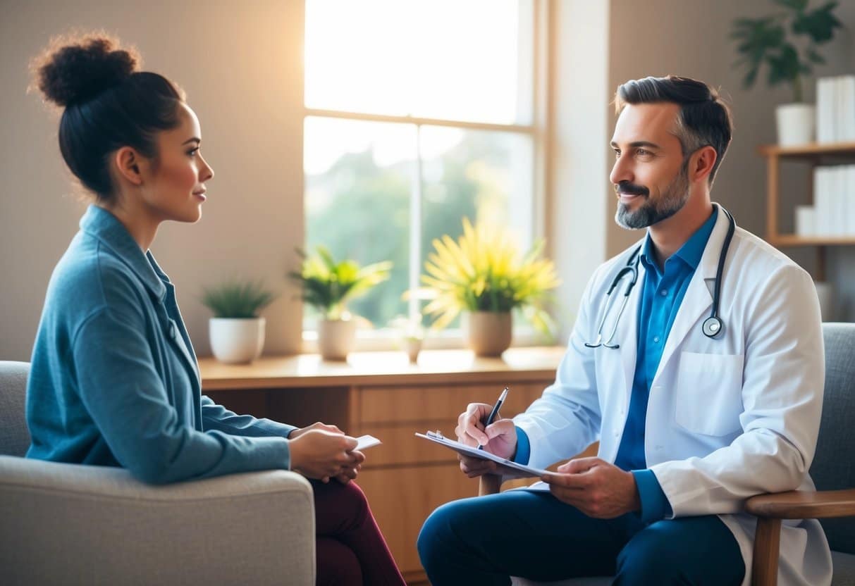 A naturopathic doctor sitting across from a patient, asking questions and taking notes in a cozy consultation room with natural light