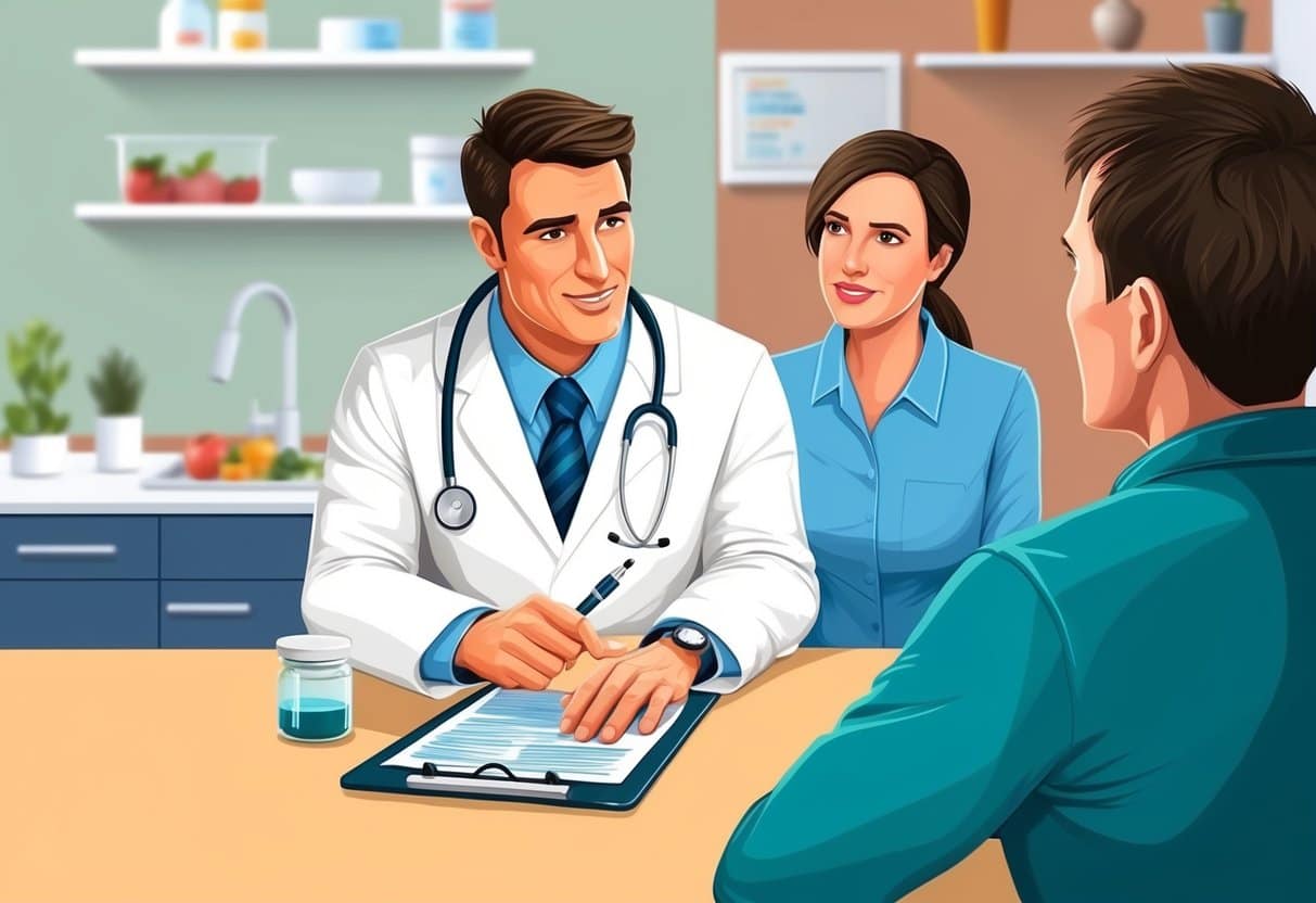 A naturopathic doctor sitting across from a patient, asking questions about their dietary habits and nutrition. The doctor holds a clipboard and pen, while the patient listens attentively