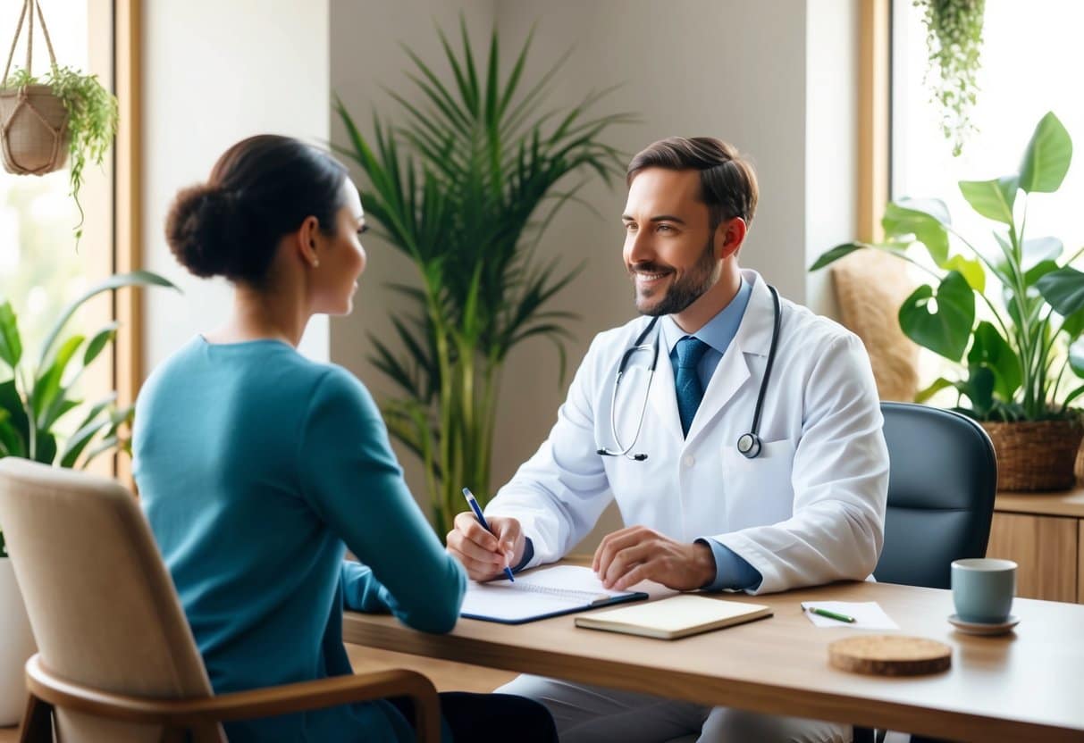 A naturopathic doctor sitting across from a patient, asking questions and taking notes in a cozy, well-lit office with plants and natural decor